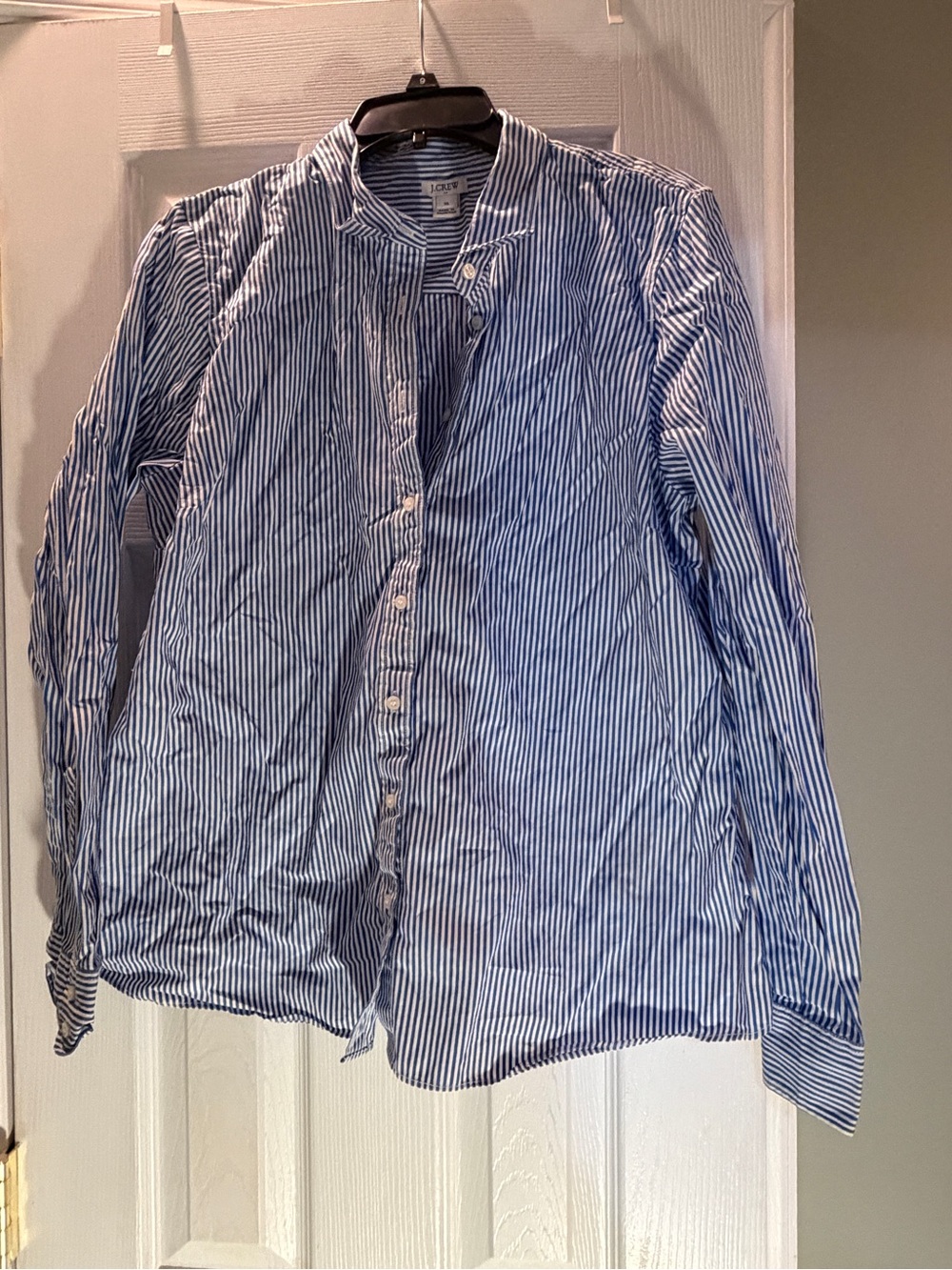 J. Crew Blue and White Striped Band-Collar Dress Shirt